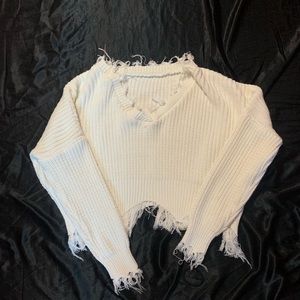 White Trendy Distressed Fall Sweater
